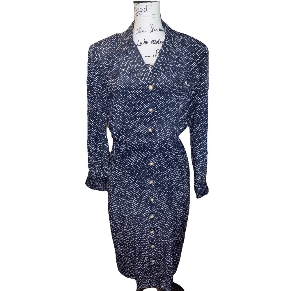 Vintage Navy Blue Polka Dot Dress with Collar & Elastic Waist- Size 8